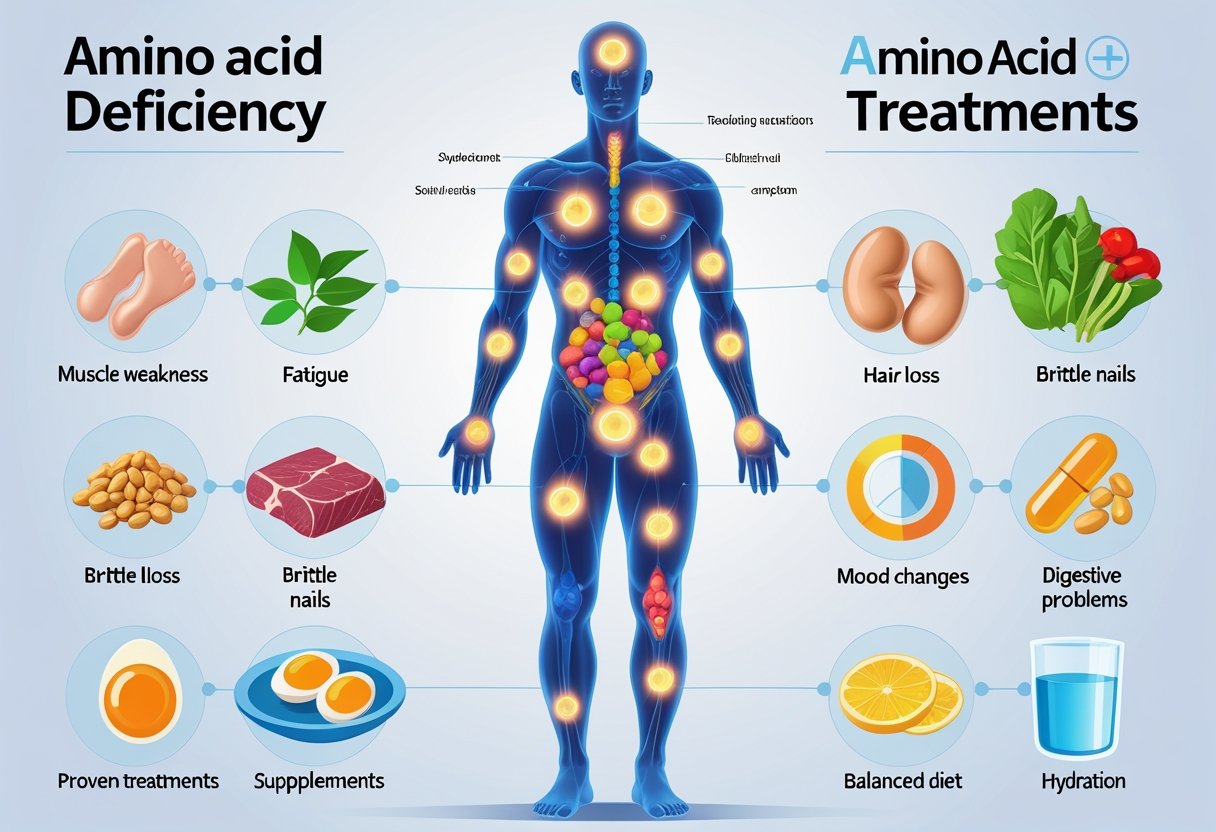 A human figure showing seven highlighted areas representing warning signs of amino acid deficiency, surrounded by illustrations of amino acid molecules, food sources, and treatment symbols.