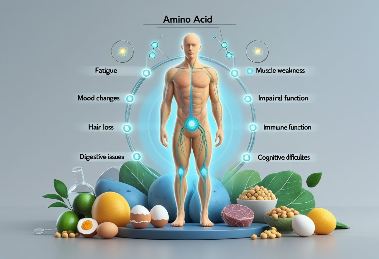 A human figure with highlighted areas showing seven symptoms linked to amino acid deficiency, surrounded by illustrations of amino acid molecules and protein-rich foods.