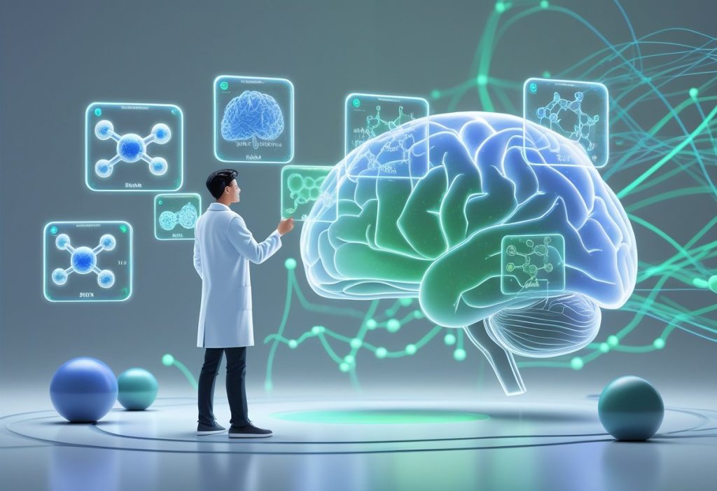 A scientist in a lab coat studies glowing 3D amino acid molecules with six holographic panels around them, set against an abstract illuminated human brain background.