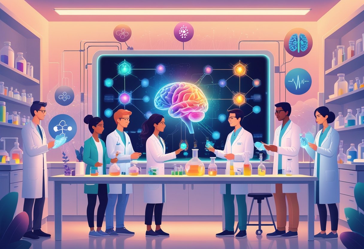 Healthcare professionals in a modern lab studying glowing amino acid models and brain imagery representing advances in depression treatment.