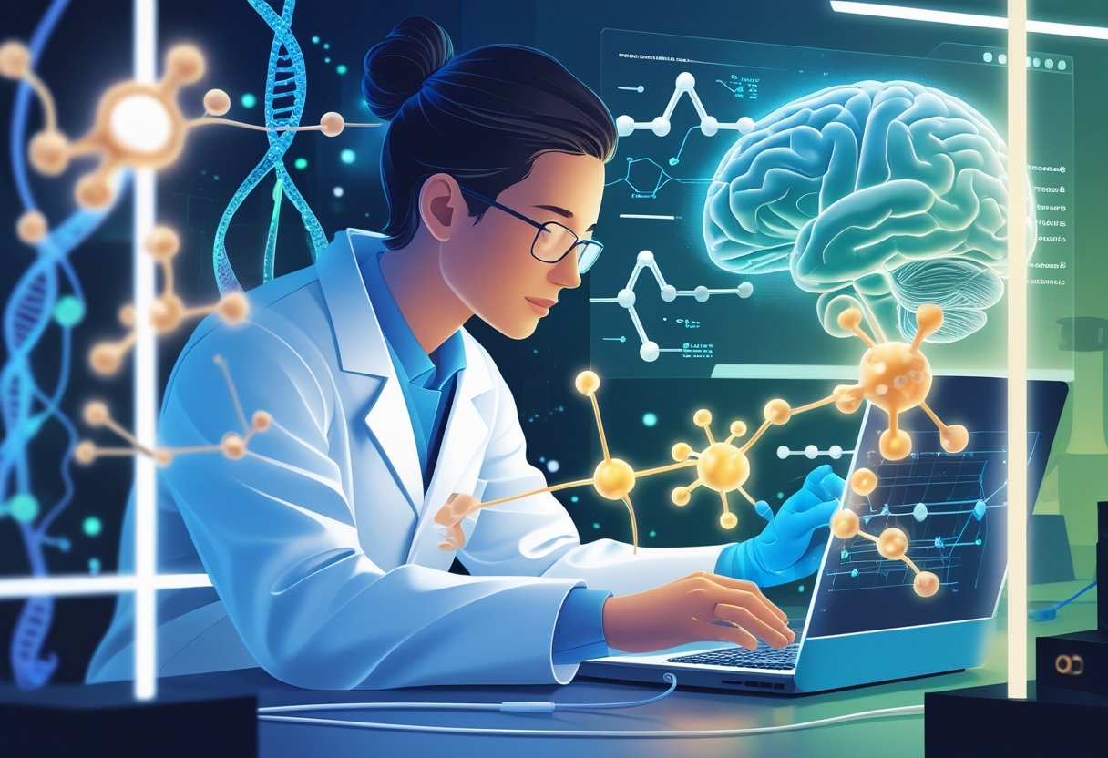 A scientist in a laboratory studying molecular models and brain neurons, representing new treatments for bipolar disorder.