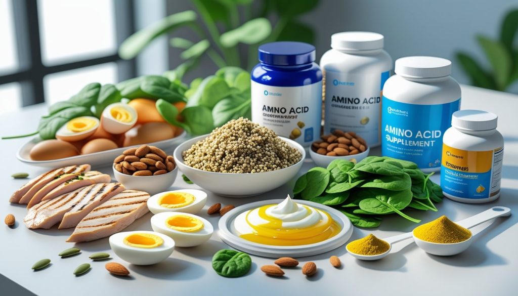 Collection of amino acids rich foods and supplements arranged for optimal weight loss nutrition.