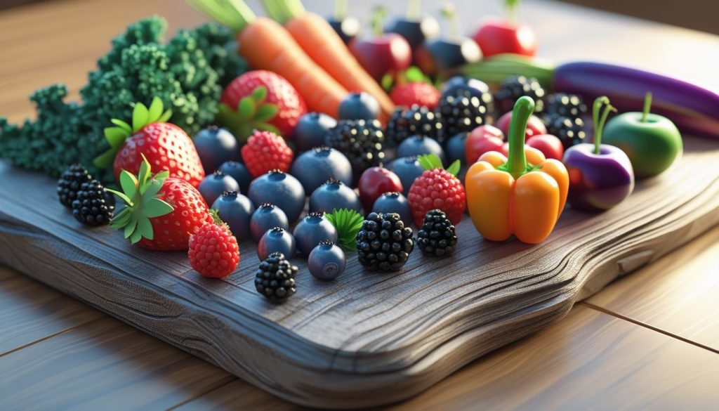 Colorful antioxidant-rich berries and vegetables arranged on wooden cutting board