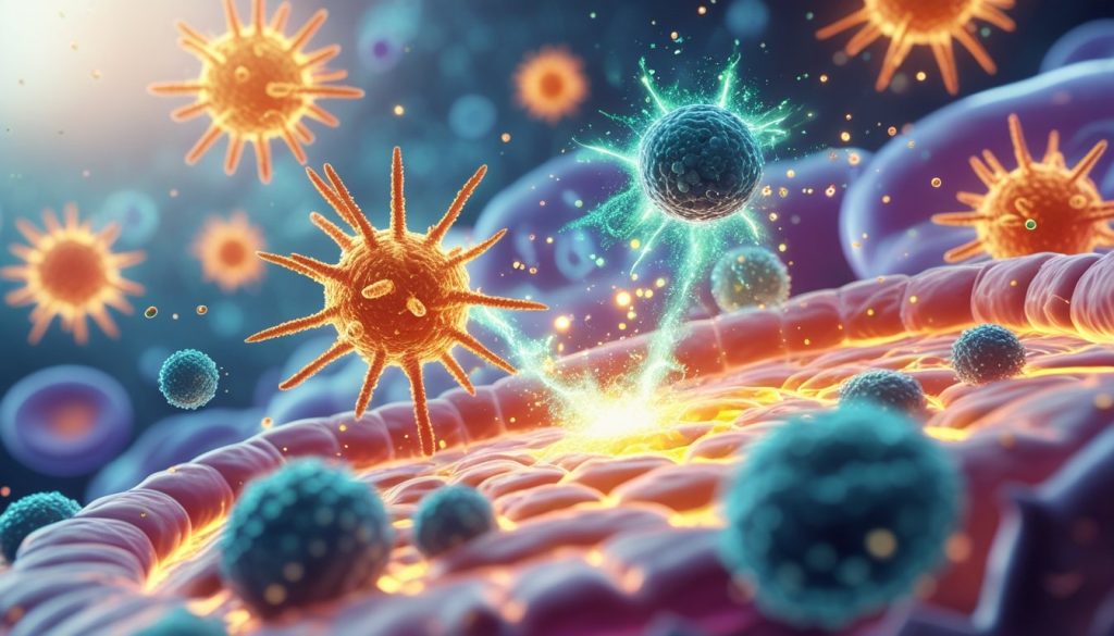 Scientific illustration showing antioxidants neutralizing free radicals in human cells