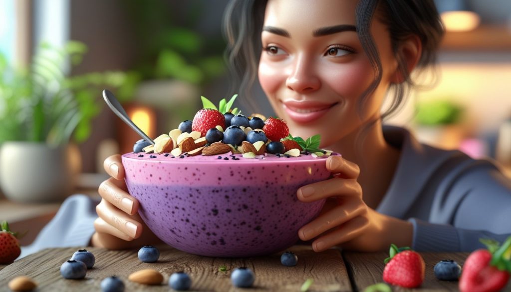 Healthy woman enjoying antioxidant-rich smoothie bowl with berries and nuts