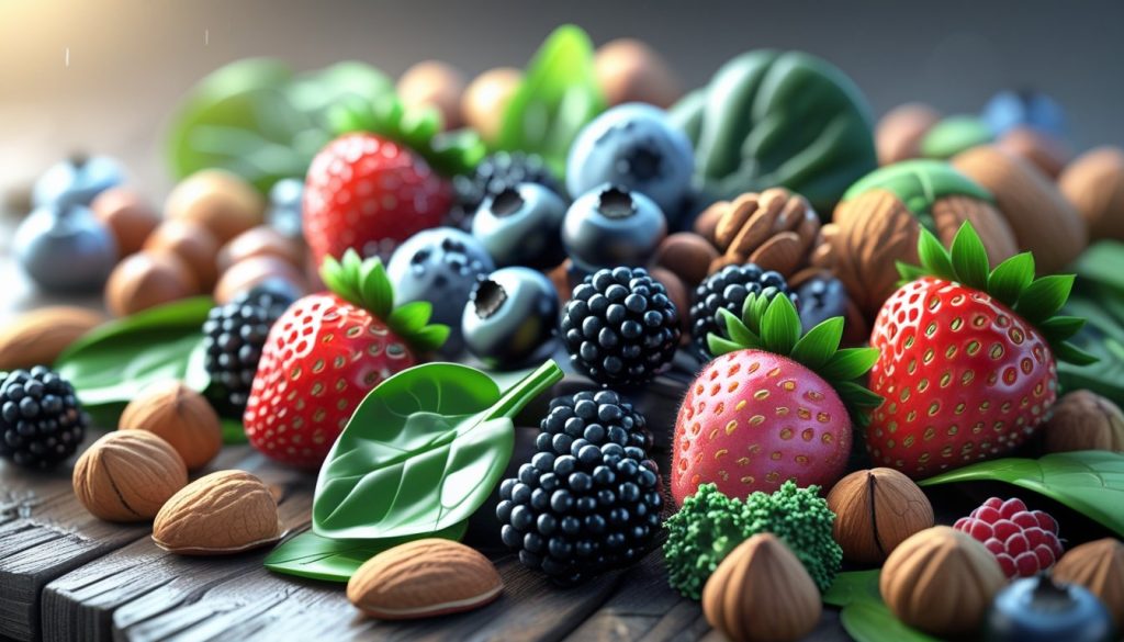 Antioxidants for heart health foods including berries, nuts, and vegetables