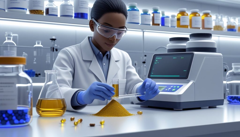 Quality control testing of blended supplements in pharmaceutical laboratory.