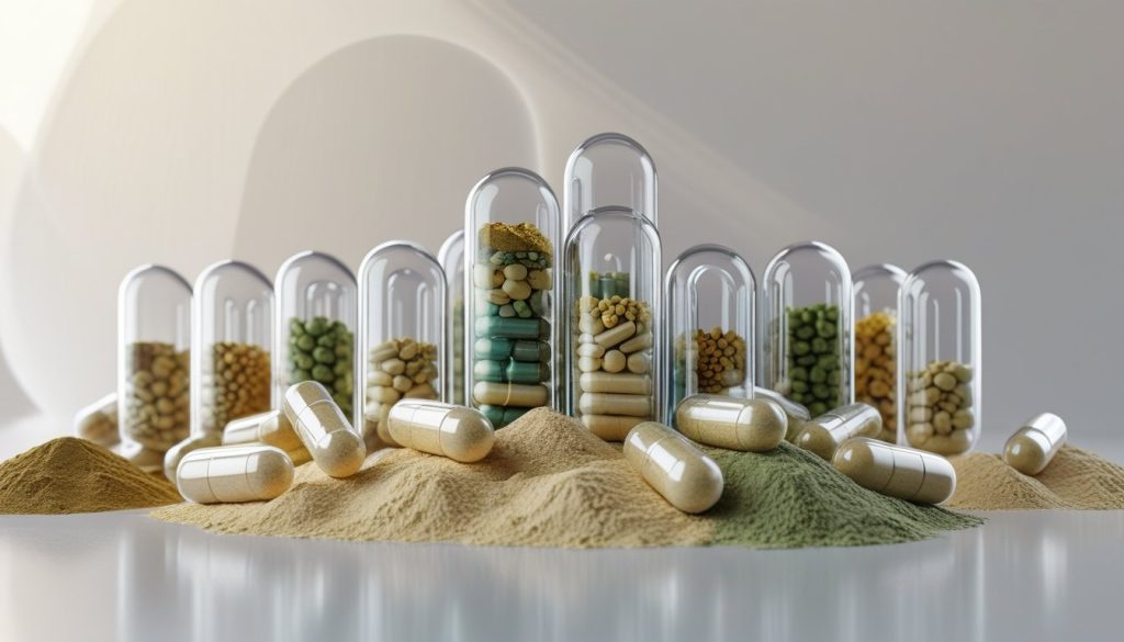 Blended supplements capsules and powder showing multi-ingredient formulations.