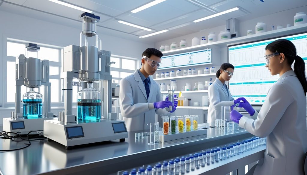 Scientific laboratory testing blended supplements for quality and efficacy.