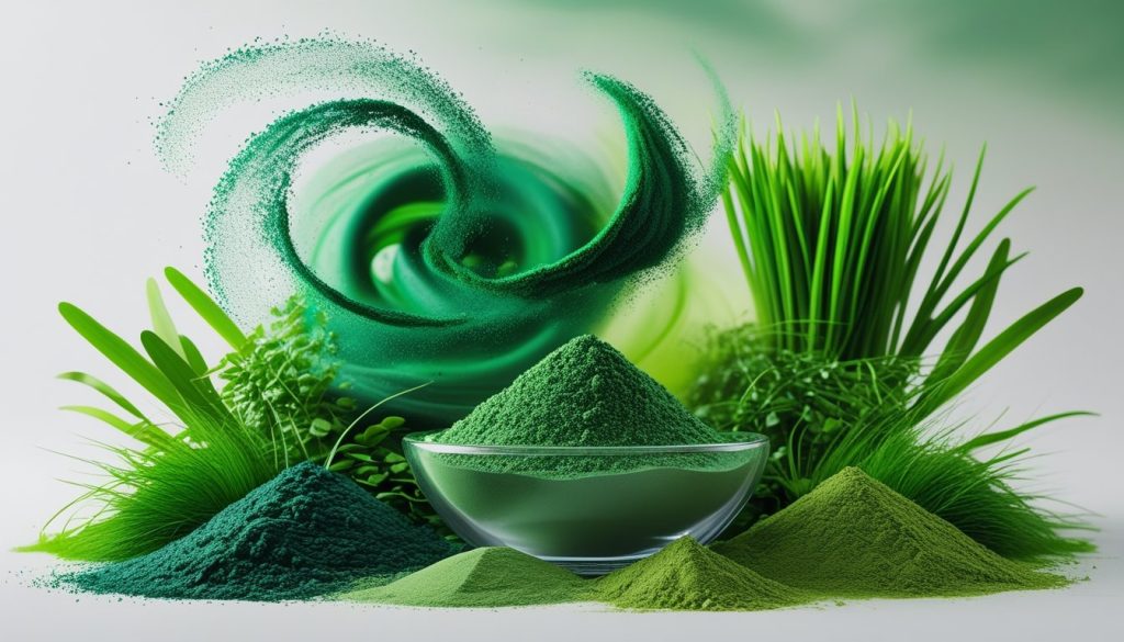 Superfood synergy powder blends green algae spirulina chlorella wheatgrass.