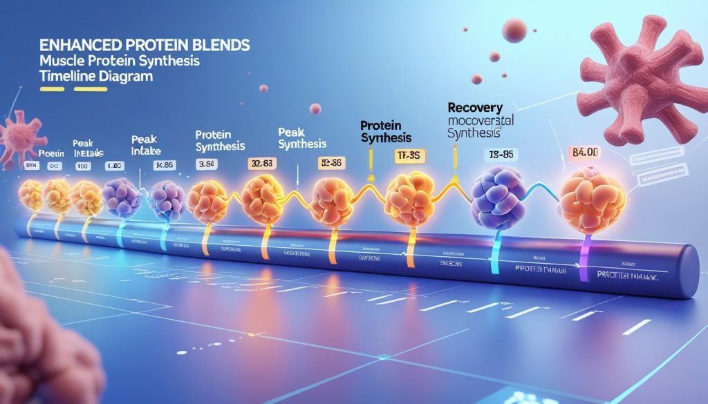Enhanced protein blends muscle protein synthesis timeline diagram.