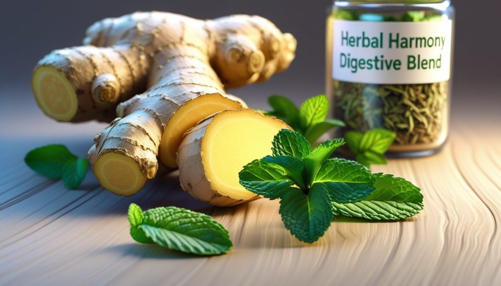 Herbal harmony digestive blend featuring ginger root and peppermint leaves.