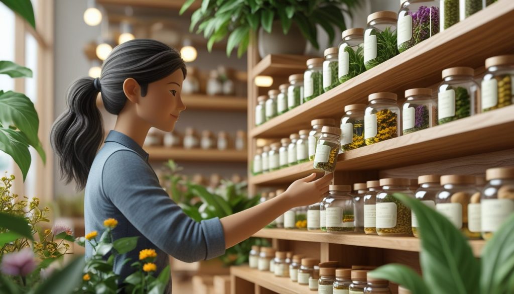Person selecting herbal harmony supplements from various botanical blends.