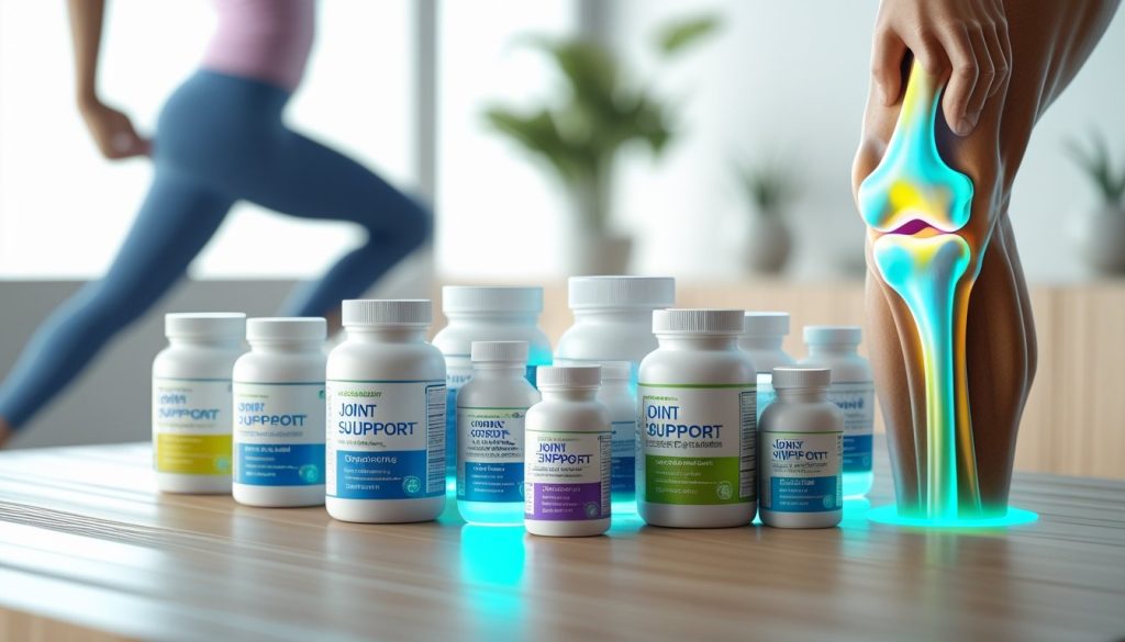Top joint support supplements bottles displayed on table with person exercising in background and glowing knee joint illustration showing pain relief benefits