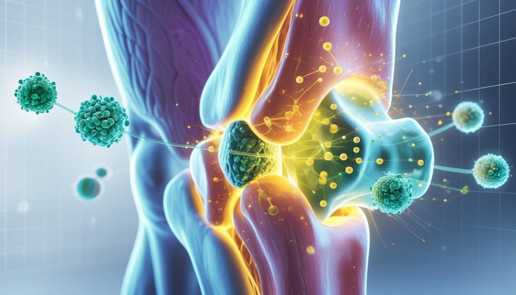 3D illustration of a human knee joint with highlighted cartilage and molecular structures representing glucosamine powder protective effects.