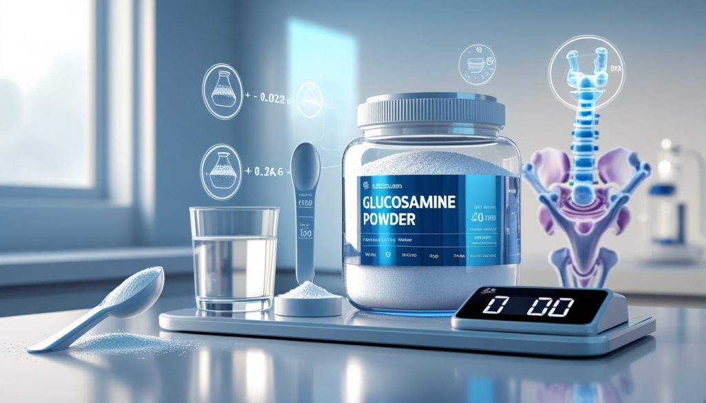 Glucosamine powder supplement container on digital scale with measuring spoon, glass of water, and holographic joint anatomy display in modern laboratory setting.