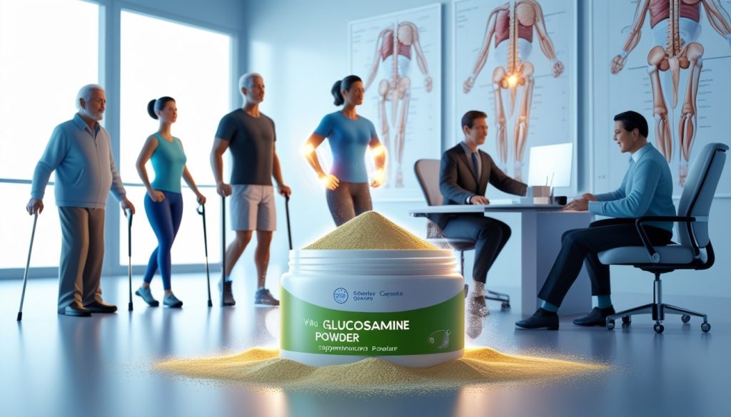 Healthcare professionals consulting with diverse patients about glucosamine powder benefits in modern medical clinic with anatomical joint displays.