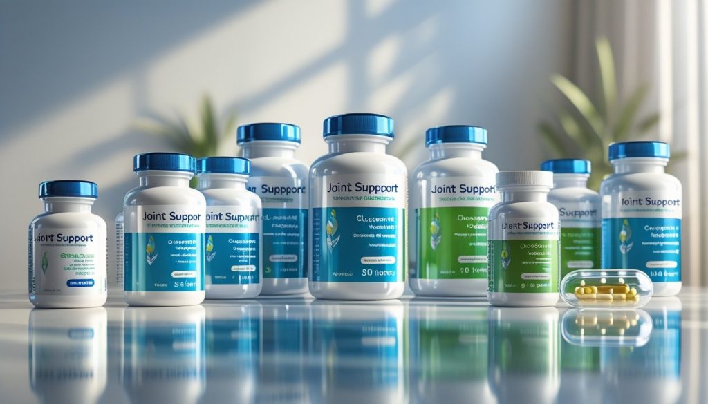 Various joint support supplements bottle including glucosamine and omega-3
