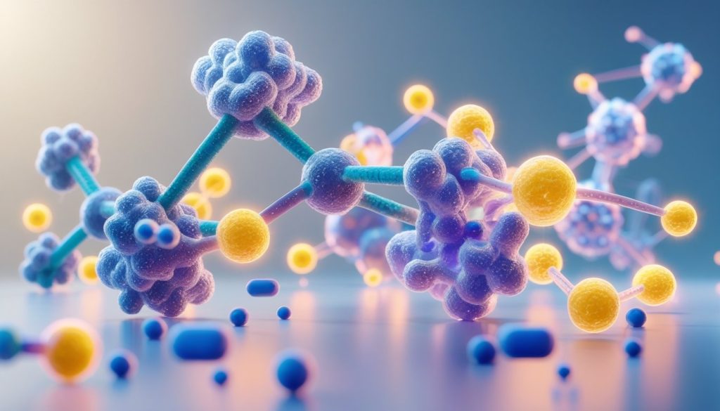Molecular structure diagram showing cartilage building blocks and nutrients.