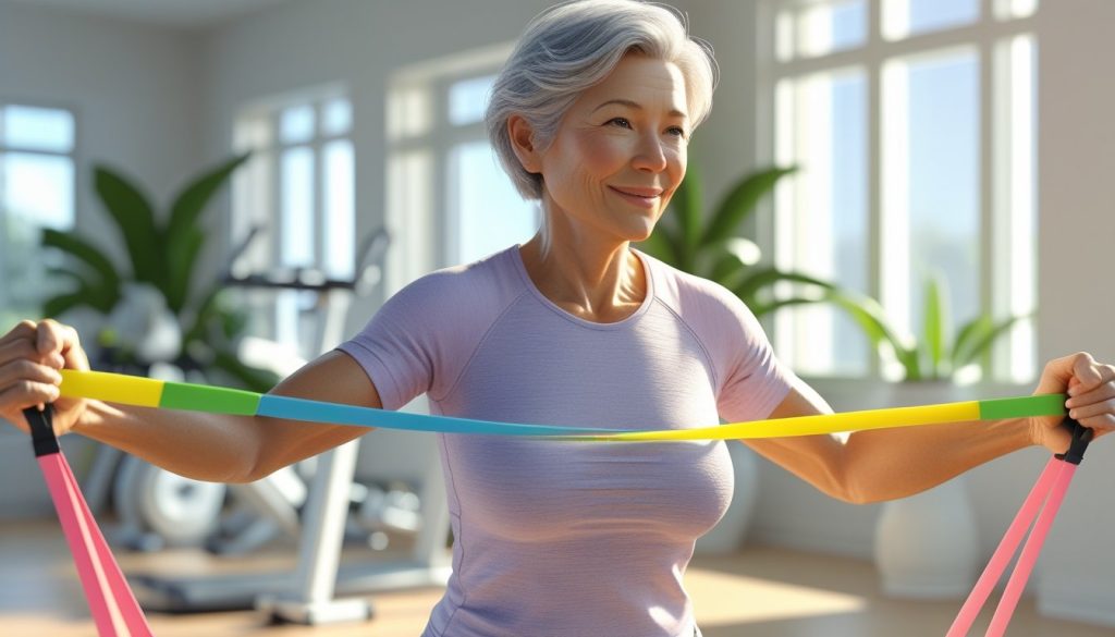 Active senior exercising with resistance bands for joint health.