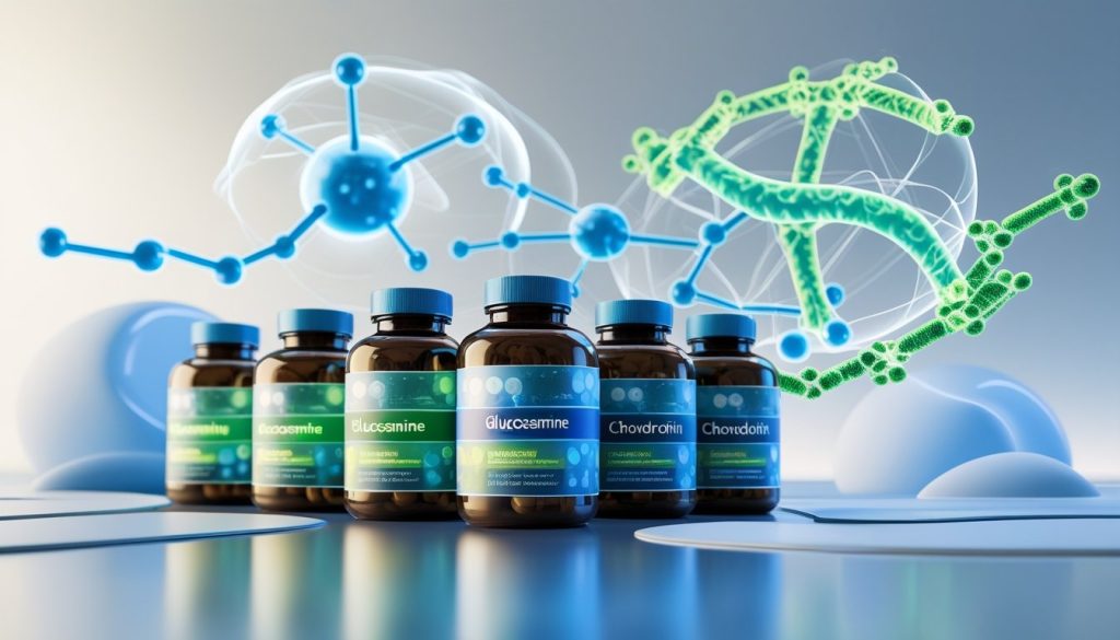 Types of joint support supplements including glucosamine chondroitin bottles with molecular structure diagrams showing cartilage repair mechanisms.