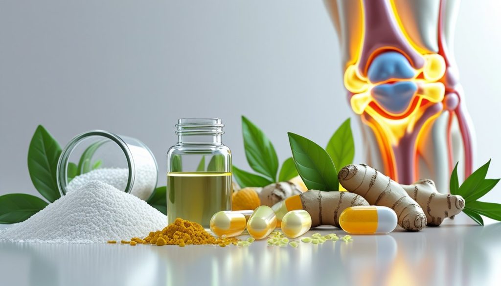 Types of joint support supplements including MSM powder, hyaluronic acid capsules, and botanical extracts with joint mobility demonstration.