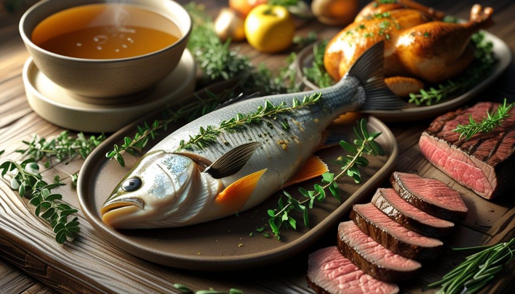 Variety of collagen-rich foods including bone broth, fish, chicken, and beef arranged on a wooden table.