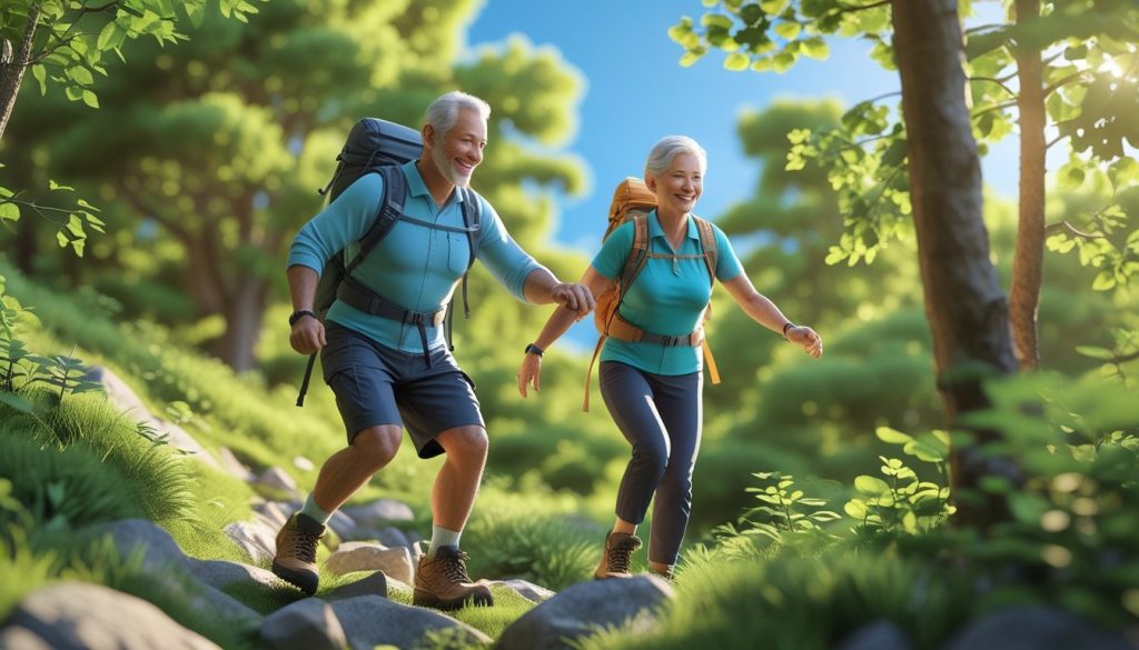 Active senior couple hiking together demonstrating joint mobility and healthy aging.