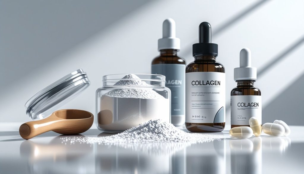 Various forms of collagen supplements, including powder, capsules, and liquid, are displayed on a clean, white surface.