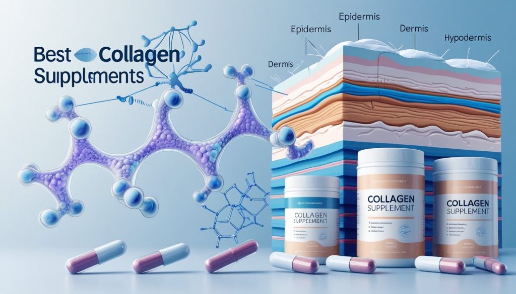 Best collagen supplements for skin showing molecular structure and skin layers diagram.