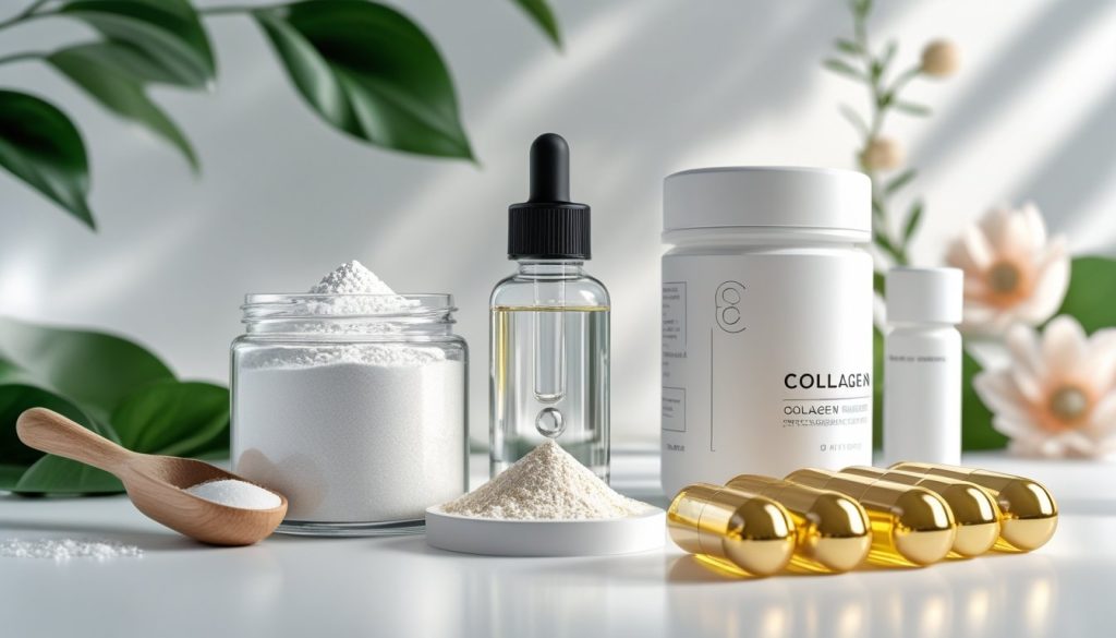 The best collagen supplements for skin products are arranged, showing powder, liquid, and capsule forms.