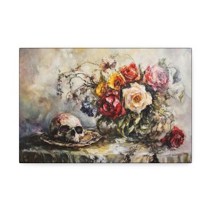 Floral Skull Art Canvas, Bohemian Home Decor, Gothic Wall Art, Unique Gift, Vintage Style Decoration
