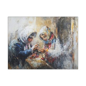 Satin Canvas Wall Art, Two Women in Scarves, Cozy Home Decor, Gift for Art Lovers, Cultural Heritage Decoration, Unique Living Room Accent