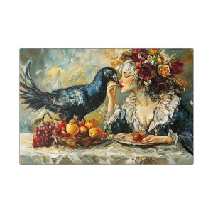 Artistic Stretched Canvas Wall Art, Vintage Painting, Home Decor, Unique Gift, Bird and Woman Art, Aesthetic Interior