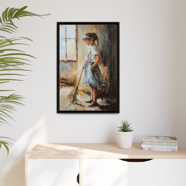 Charming Framed Canvas Art, Wall Decor, Home Decor, Girl with Broom, Rustic Aesthetic, Gift for Art Lovers, Living Room Decor - Image 3