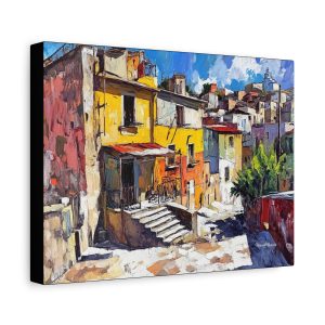 Colorful Village Scene Canvas Art, Home Decor, Wall Art, Gift for Art Lovers, Bright Coastal Art, Vintage Painting Decor