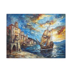 Canvas Wall Art, Nautical Sunset Painting, Coastal Decor, Ocean Scene, Beach House Artwork, Gift for Sailors