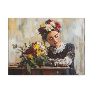 Floral Woman Art Canvas, Stretched Wall Decor, Boho Home Decor, Gift for Art Lovers, Vintage Style Artwork, Flower Painting