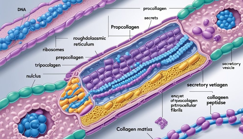 Collagen synthesis pathway diagram showing cellular and extracellular processes.