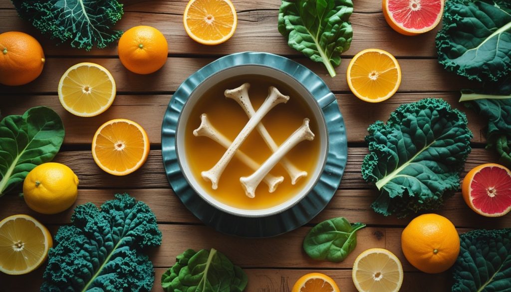 Collagen Production Naturally: Collagen-rich foods, including bone broth, citrus fruits, and leafy greens, are arranged on a wooden table.
