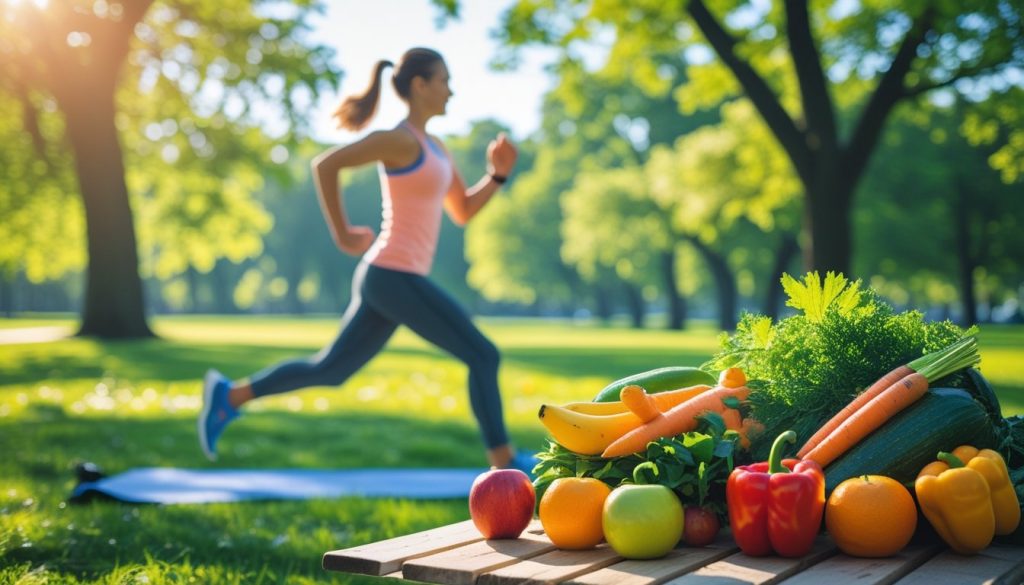 Person exercising outdoors with fresh fruits and vegetables in foreground.