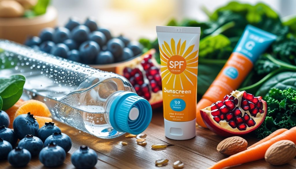 Collagen Production Naturally: Healthy lifestyle elements including water bottle, sunscreen, and antioxidant-rich foods.