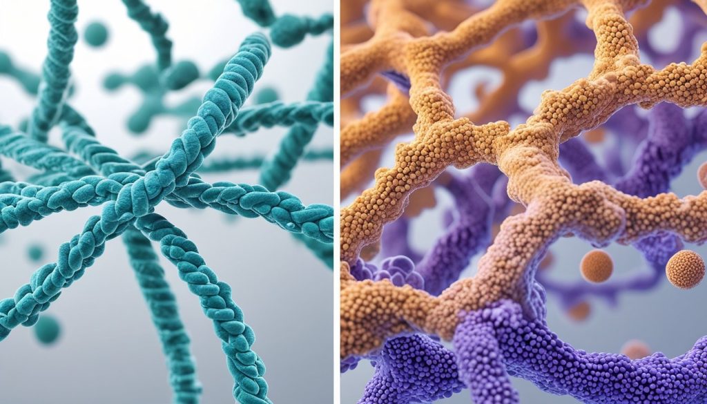 Scientific illustration showing the molecular structure differences between fibrillar and non-fibrillar collagen types