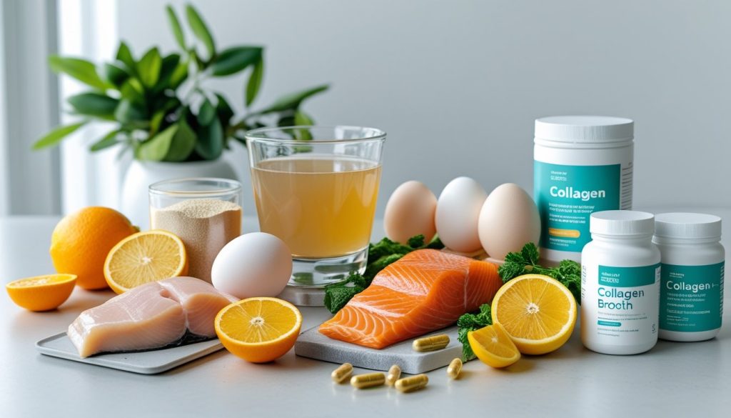 Lifestyle photo showing various collagen-rich foods and supplements arranged on a clean, modern surface.