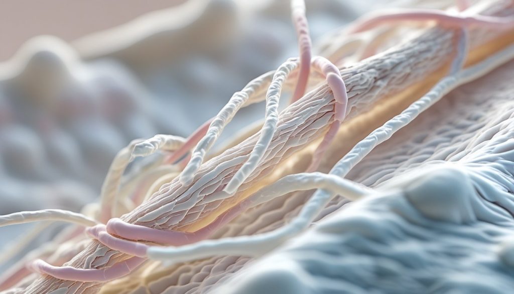Microscopic view of collagen I and III fibers in healthy skin tissue