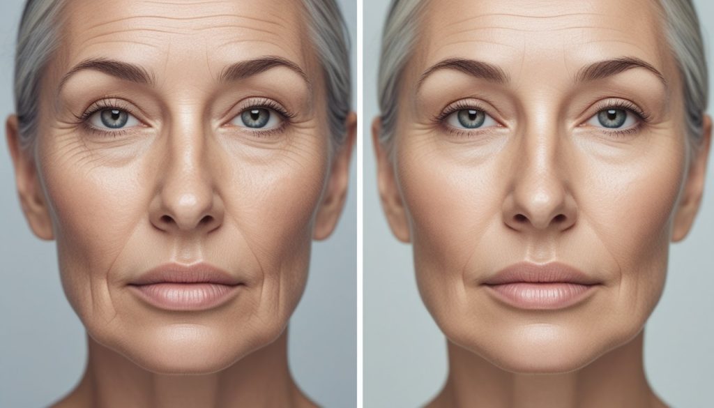 Before and after comparison showing reduced wrinkles from collagen I and III supplementation.