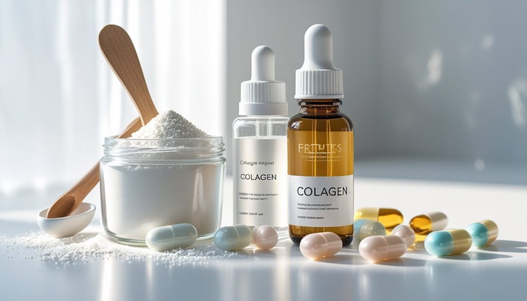 Various collagen supplement forms including powder, capsules, and liquid.
