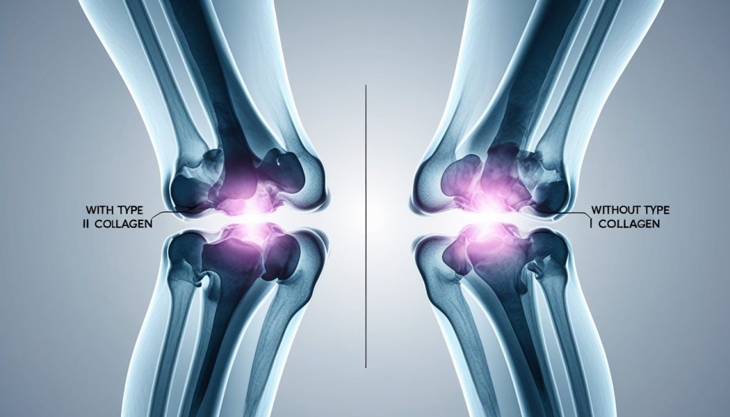 X-ray comparison showing slowed joint degeneration with type II collagen.