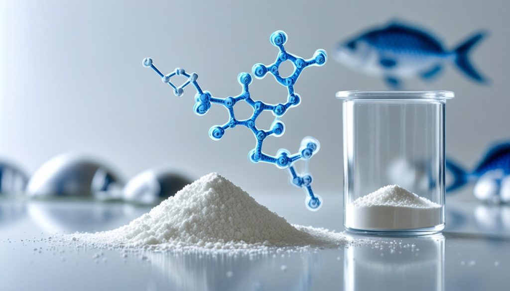 Marine vs. Bovine Collagen: Marine collagen powder derived from fish scales showing molecular structure.