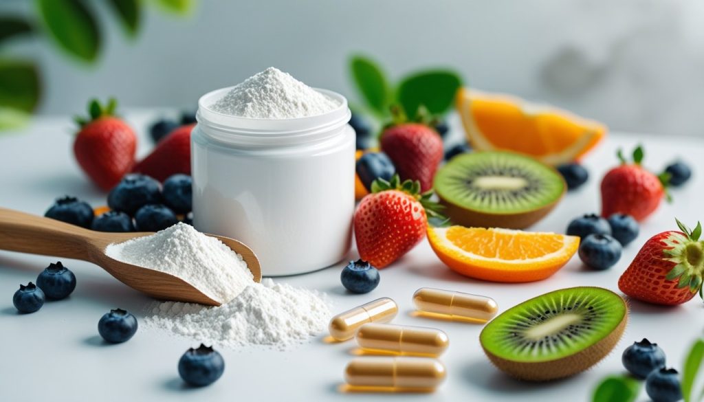 Vegan collagen powder and capsules with fresh fruits.
